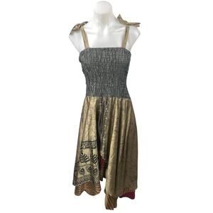 Belma Gold Gray Metallic Sleeveless Smocked Cami Camisole Midi A-Line Dress OS
